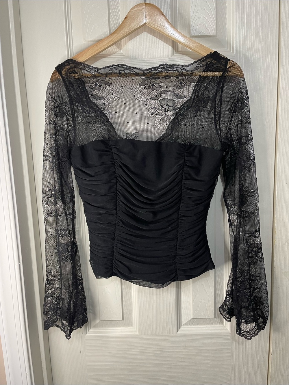 Veronique Young Sheer Black Lace Rhinestone Retro crop Ruched Blouse 12